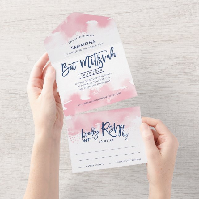 BAT MITZVAH letra manuscrita moderna rosa aquarela (Aba destacável)