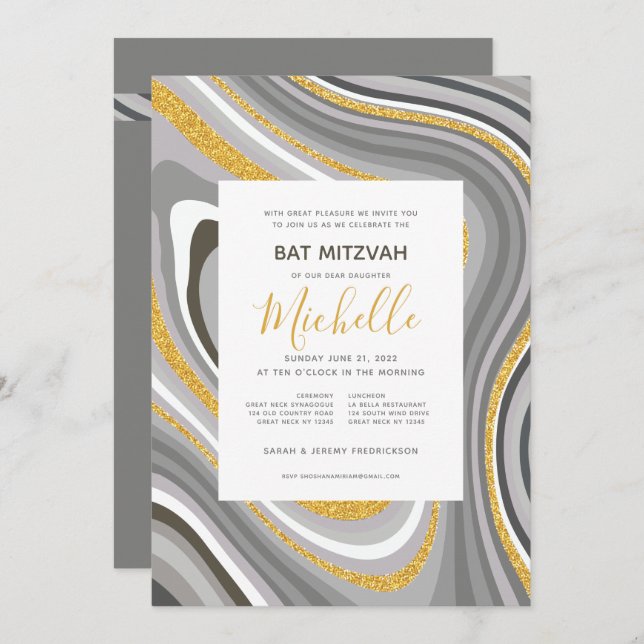 Bat Mitzvah Modern Glitter Agate Convite (Frente/Verso)