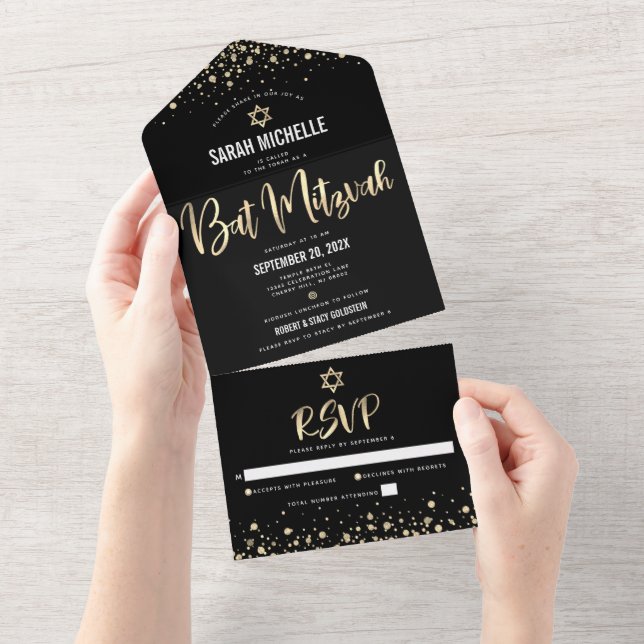 Bat Mitzvah Moderno Preto Dourado Brilho Script Ne (Aba destacável)