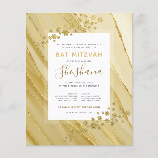 Bat Mitzvah Orçamento Glitter Monograma Dourado (Frente)