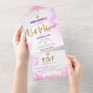 Bat Mitzvah Pink Watercolor Dourado Chic Party