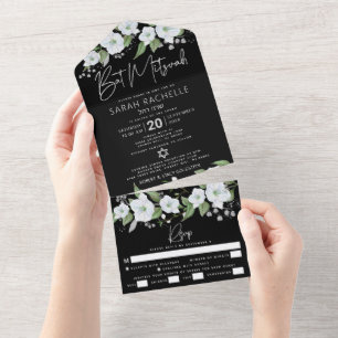 Bat Mitzvah Preto Prata Script Aquarela Floral