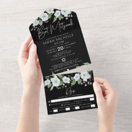 Bat Mitzvah Preto Prata Script Aquarela Floral