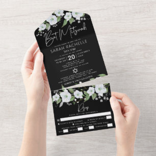 Bat Mitzvah Preto Prata Script Aquarela Floral