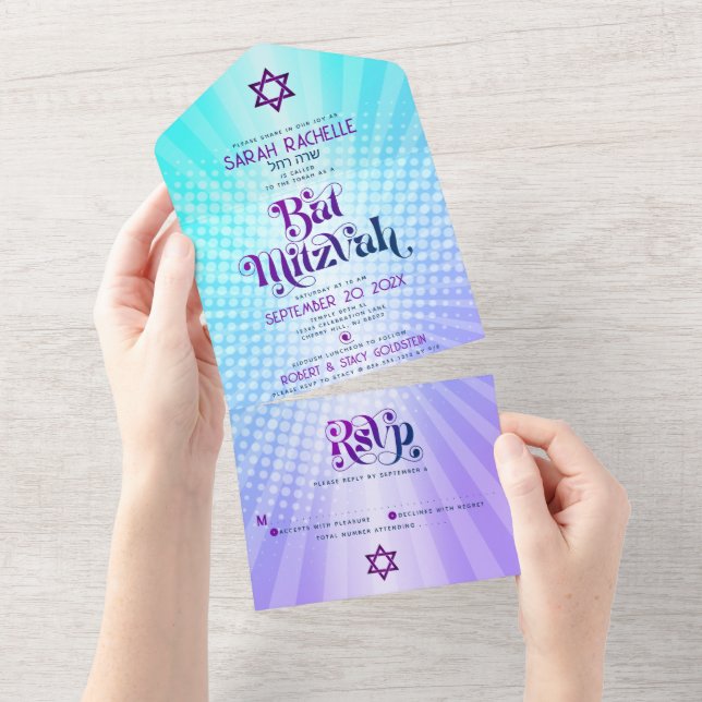 Bat Mitzvah Retro Azul Roxo Gradiente Boho Ousado (Aba destacável)