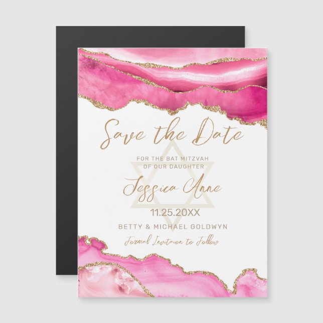 Bat Mitzvah Rosa Dourada Glitter Agate Salvar Data (Frente/Verso)