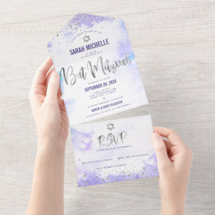 Bat Mitzvah Roxo Aquarela Grafia Prata Moderno