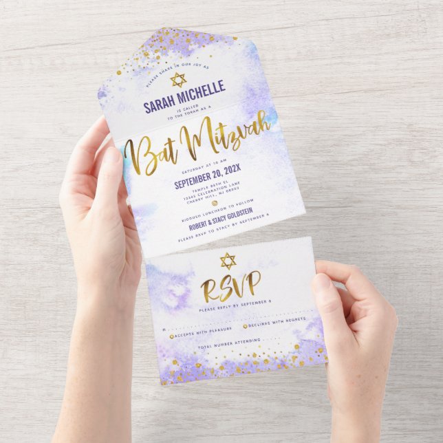 Bat Mitzvah, roxo, dourado, escritura moderna (Aba destacável)