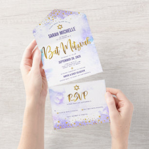 Bat Mitzvah, roxo, dourado, escritura moderna