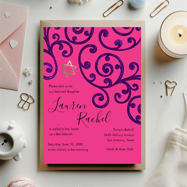 Bat Mitzvah Scroll Padrão Roxo Convite (Criador carregado)