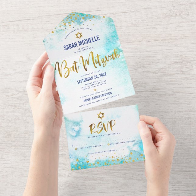 Bat Mitzvah turquesa aquarela dourado script femin (Aba destacável)