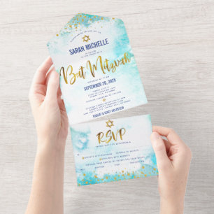 Bat Mitzvah Turquoise Watercolor Dourado