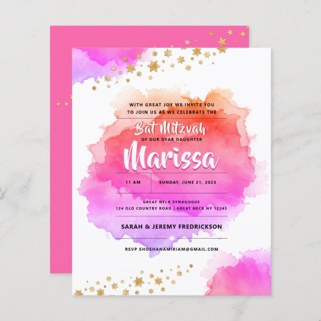 Bat Mitzvah Watercolor Glitter Convite (Frente/Verso)
