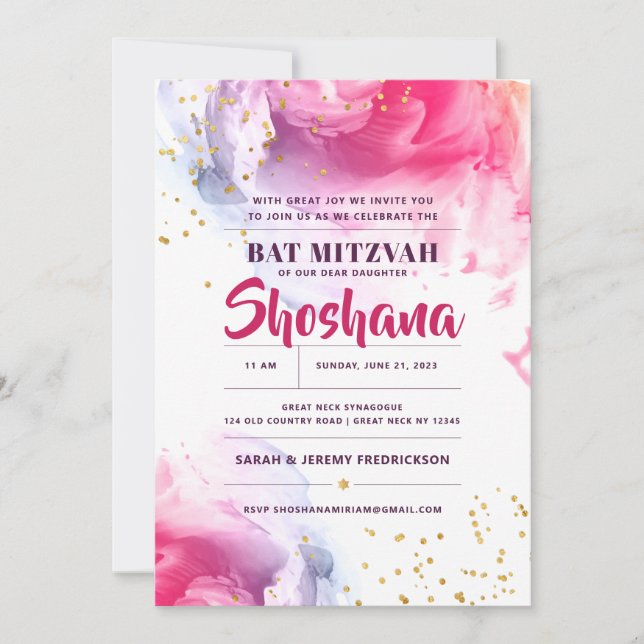 Bat Mitzvah Watercolor Glitter Convite (Frente)