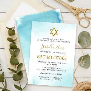 Bat Mitzvah Watercolor Pastel Blue Dourado Convite