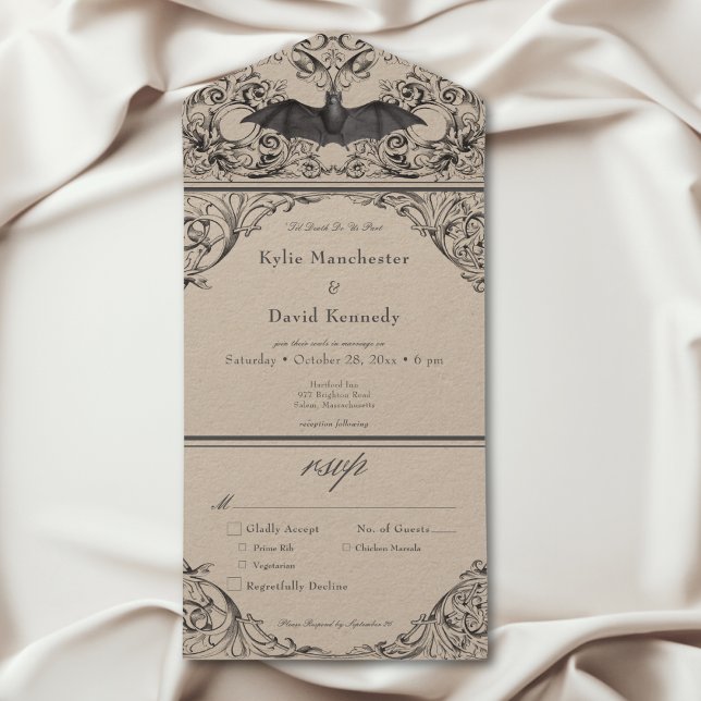 Bat Vitoriano até Janto Negro e Tan da Morte (Victorian Bat Until Death Black & Tan Dinner All In One Invitation)