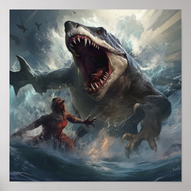 Batalha Epic de Megalodon vs. T-Rex Poster - Unlea (Frente)