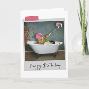 Bathtime Selfie Cat Engraçado Cartão de Aniversári