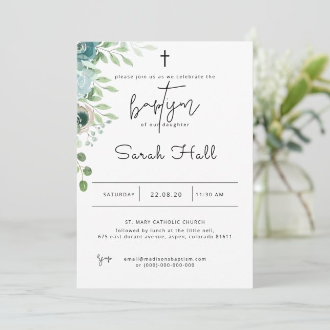 Batismo Convite Dusty Azul (Em pé/Frente)