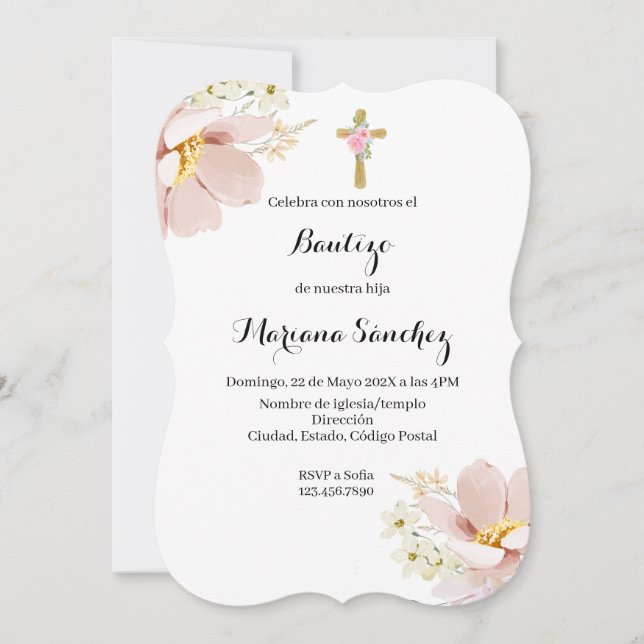Batismo de flor rosa convite para menina (Frente)