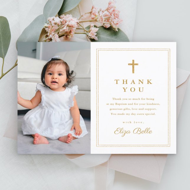 Batismo de Foto Dourada Elegante do Orçamento Obri (Simple budget photo baptism thank you card with gold cross.)