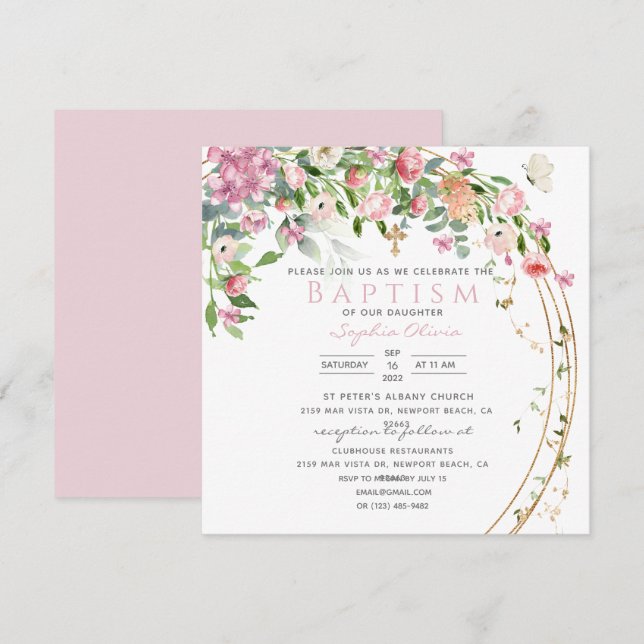 Batismo de Garota Floral Rosa Elegante (Frente/Verso)