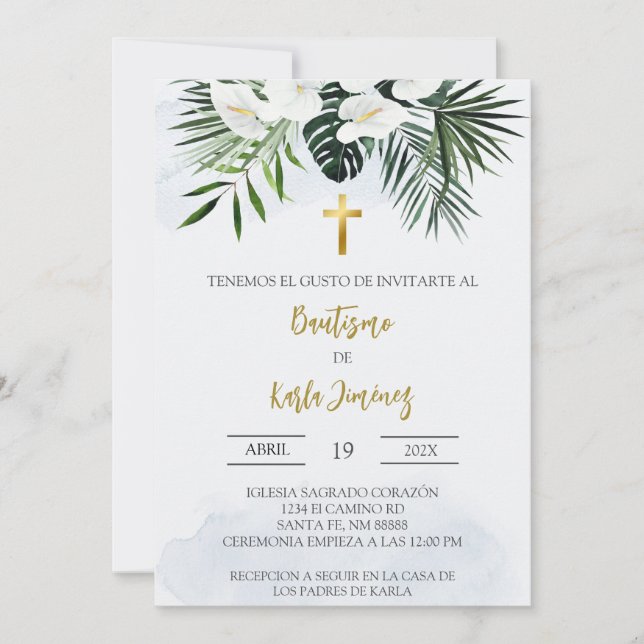 Batismo espanhol de flor branca Lily Convite (Frente)