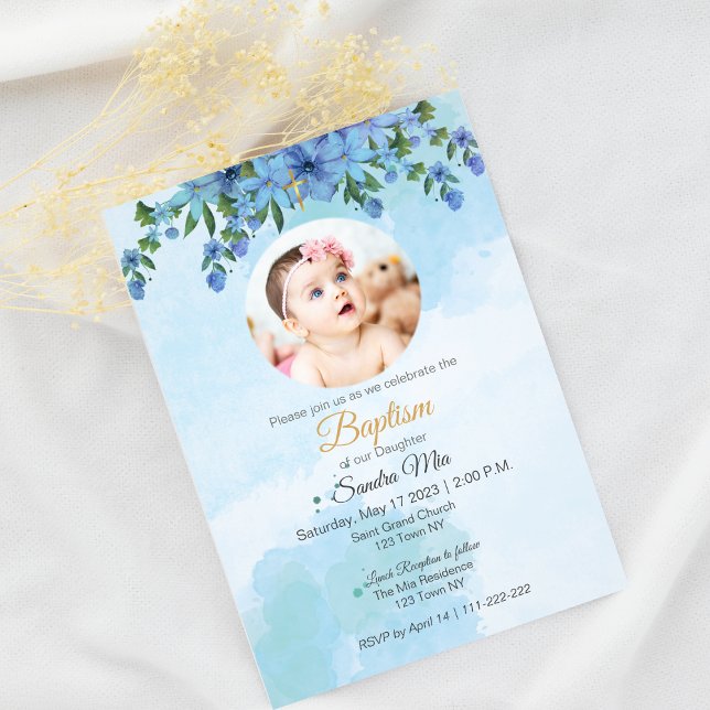 Batismo Floral Azul com Convite Fotográfico (Blue Floral Baptism with photo Invitation)