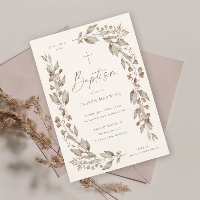 Batismo Floral de Flores Silvestres Boho Neutro em (Boho wildflower elegant floral ivory gender neutral baptism invitation.)