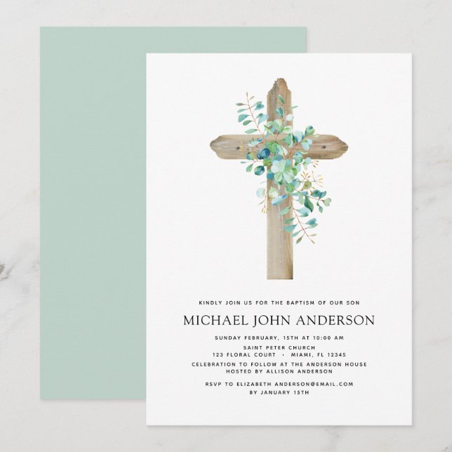 Batismo Greenery Sage Eucalyptus Convite (Frente/Verso)
