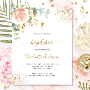 Batismo orçamental eucalipto rosa ouro floral cruz