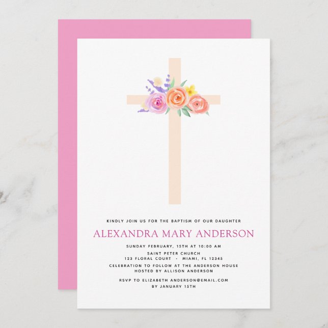 Batismo Pastel Floral Rosa Rosa Rosa Convite Cruza (Frente/Verso)