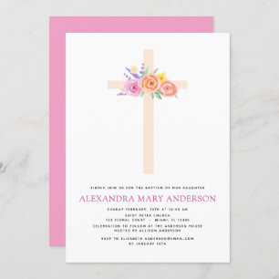 Batismo Pastel Floral Rosa Rosa Rosa Convite Cruza