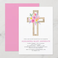 Batismo Pastel Floral Rosa Rosa Rosa Convite Cruza