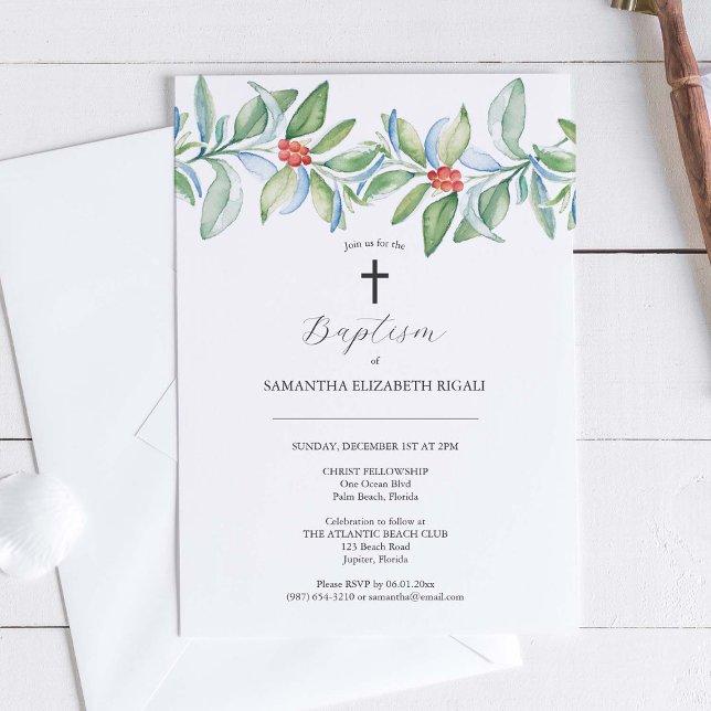 Batismo Único Convites Greenerescência de Natal (Winter baptism invitations online feature unique watercolor art by Victoria Grigaliunas)