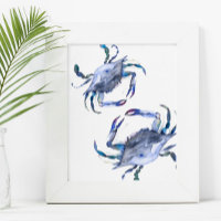 Beach Art Watercolor Coastal Blue Crab Poster