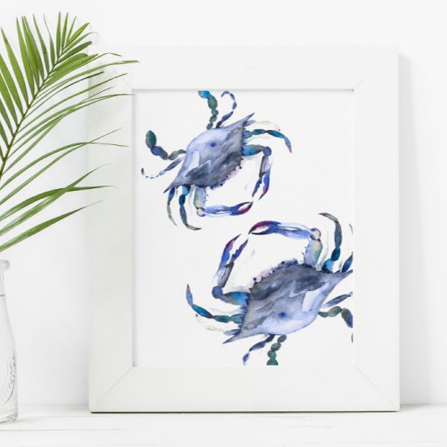 Beach Art Watercolor Coastal Blue Crab Poster (beach art 8x10 blue watercolor crabs by Victoria Grigaliunas)
