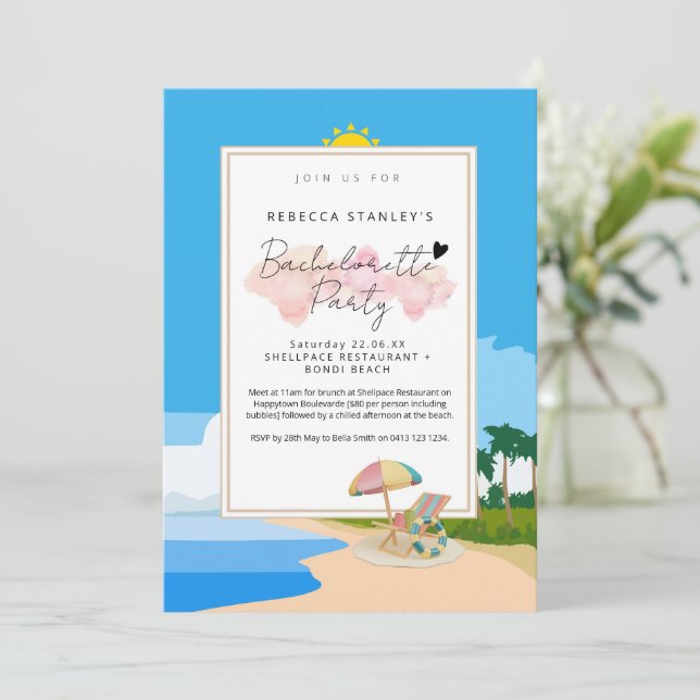 'Beach Bachelorette' Convite para festa de galinha (Em pé/Frente)