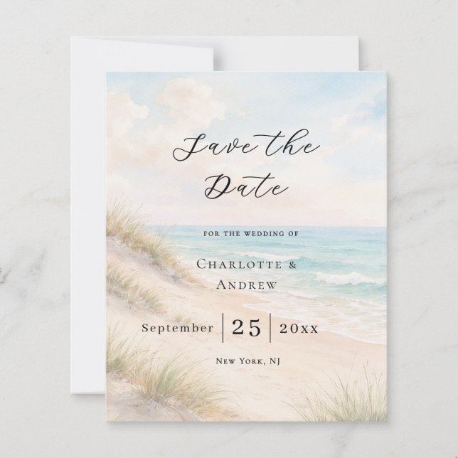 Beach coastal modern wedding Save the Date card (Frente)