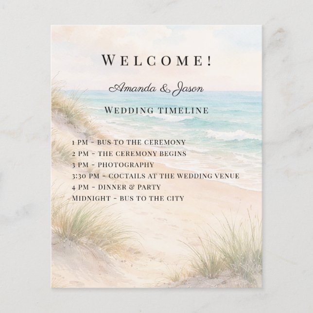Beach coastal wedding program timeline (Frente)