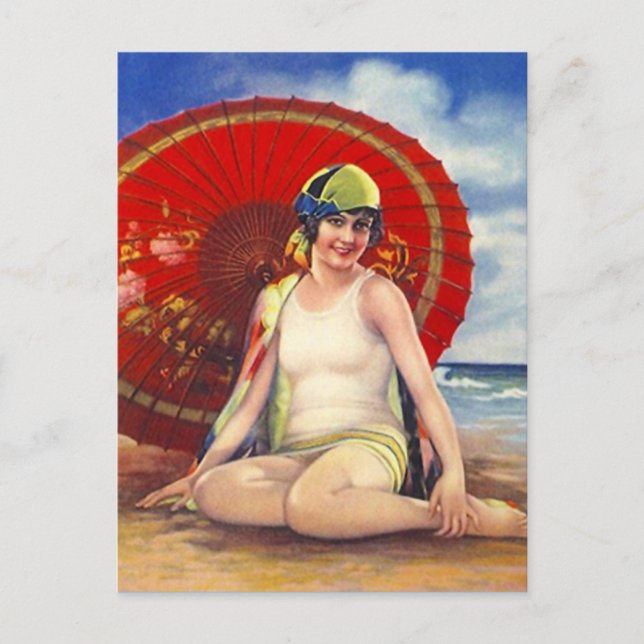 Beach Flapper Girl Cartão postal Asiático Guarda-c (Frente)