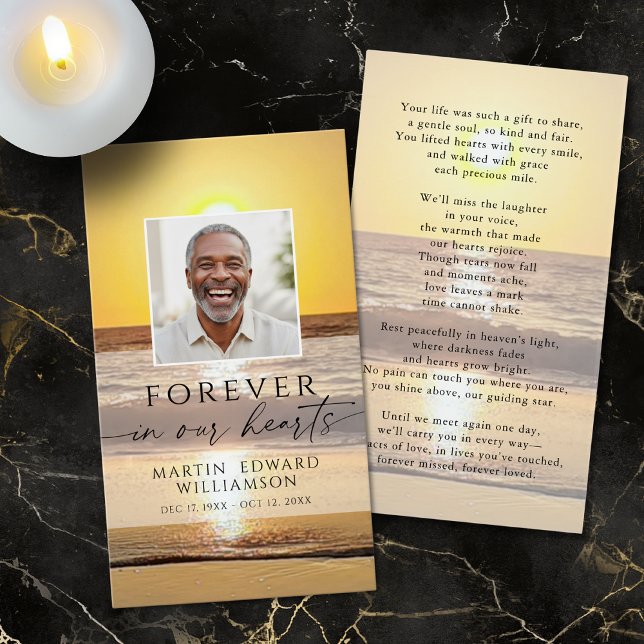 Beach Forever Hearts Memorial Photo Prayer Card (Criador carregado)