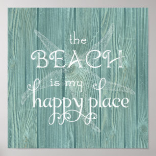 Beach Happy Place Starfish Aqua Wood Poster