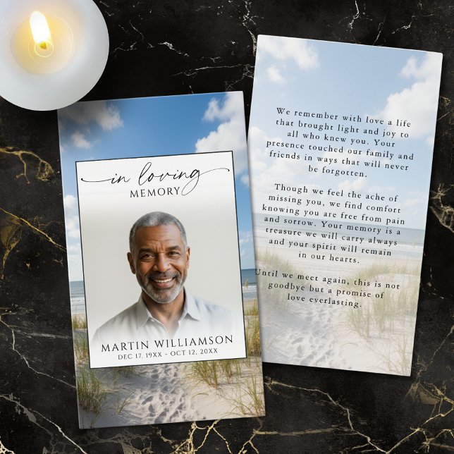 Beach In Loving Memory Photo Sympathy Prayer Card (Criador carregado)
