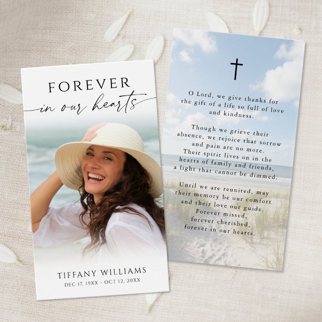 Beach Memorial Forever Hearts Photo Prayer Card (Criador carregado)