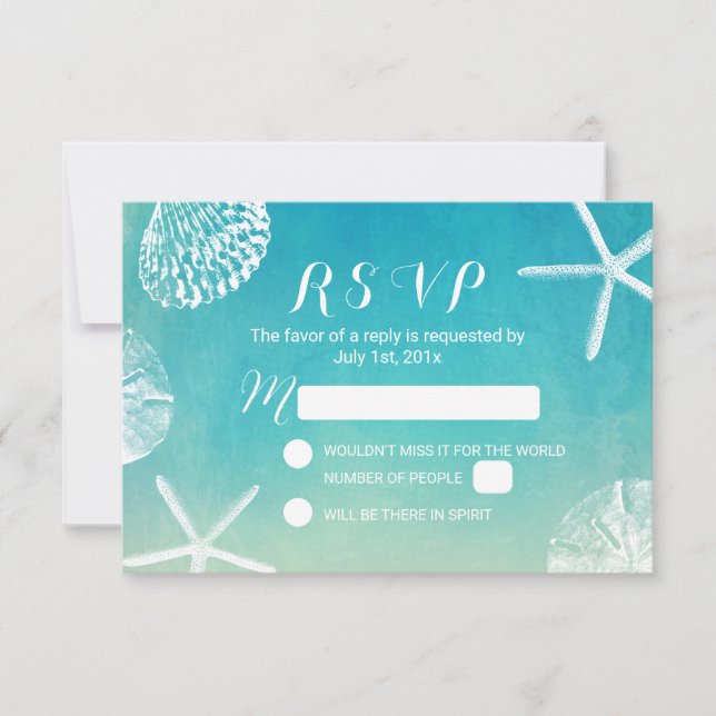 Beach Seashells Watercolor Turquoise Weding RSVP (Frente)