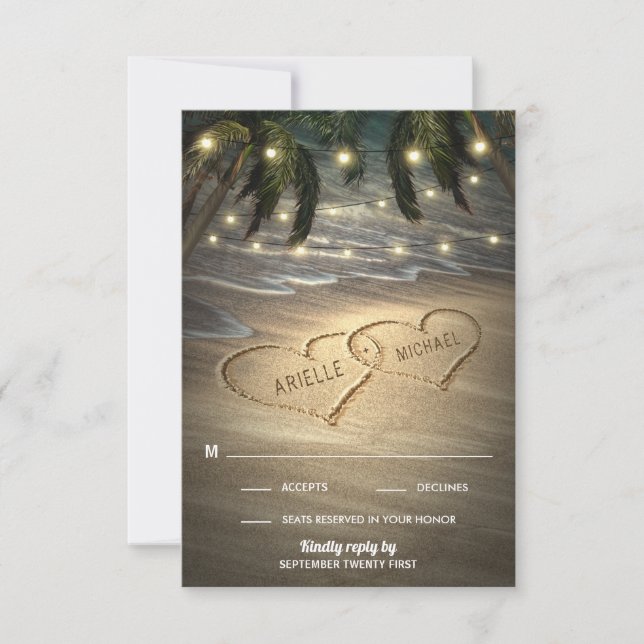 Beach Shore Hearts in the Sand Wedding RSVP Cards (Frente)