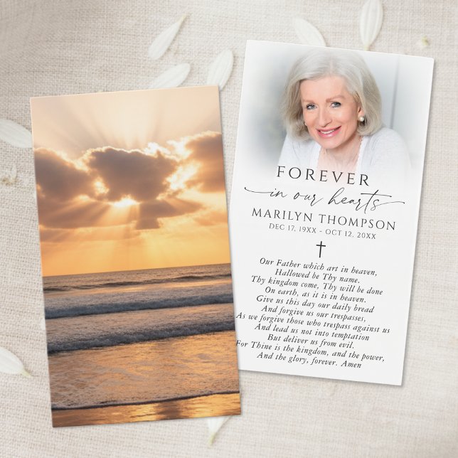 Beach Sunset Photo Cross Funeral Prayer Card (Criador carregado)