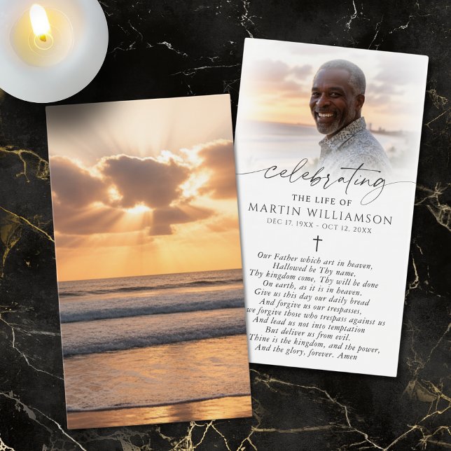 Beach Sunset Photo Cross Sympathy Prayer Card (Criador carregado)