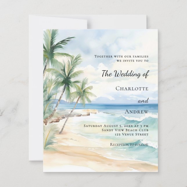 Beach tropical palm destination wedding invitation (Frente)